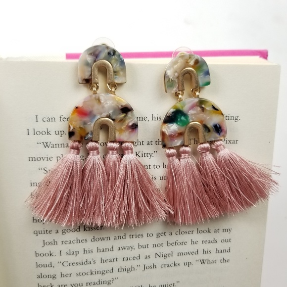 marble acetate earrings Pink Half Circle tassel - Picture 4 of 8